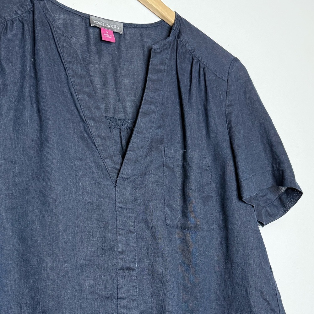Vince Camuto Linen Navy Blue Pocket Short Sleeve V Neck Blouse - Picture 4 of 7